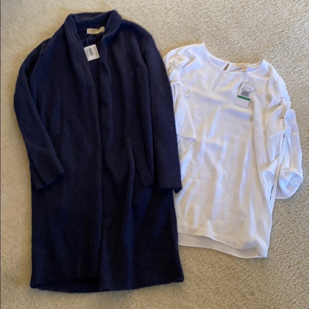Michael Kors navy blue sweater and white shirt